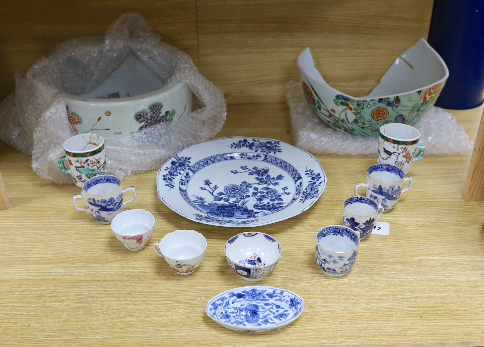 A pair of Chinese Kangxi famille verte cups, together with a large 18th century blue and white plate, and other mixed Chinese porcelain tea wares, including cups, and tea bowls